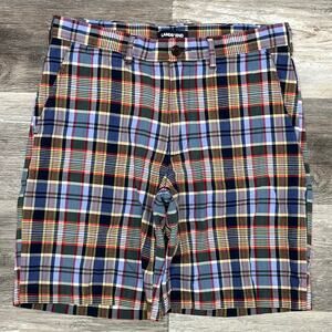 Lands End Shorts Blue Yellow Mens 32 Traditional Fit Madras Plaid Flat Front‎